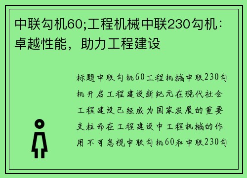 中联勾机60;工程机械中联230勾机：卓越性能，助力工程建设