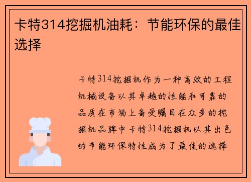 卡特314挖掘机油耗：节能环保的最佳选择